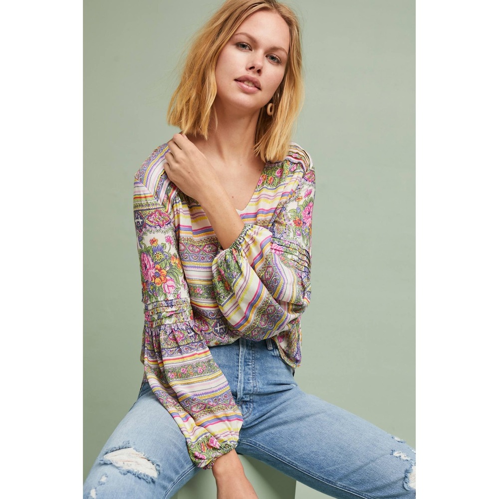 Maeve Anthropologie Ceresco Peasant Boho Floral Medallion Balloon Sleeve Blouse